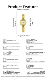 Detailed size chart for women square quartz watch with metal band and camellia dial