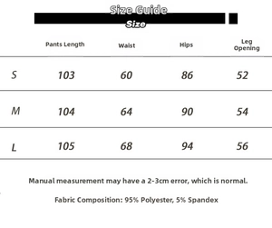 Size chart for high-waisted flare pants showing length, waist, hips and fabric details