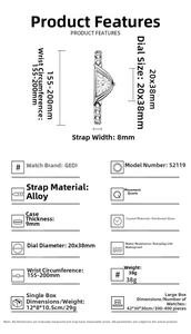 Detailed size specifications for a creative alloy quartz watch with vintage aesthetics