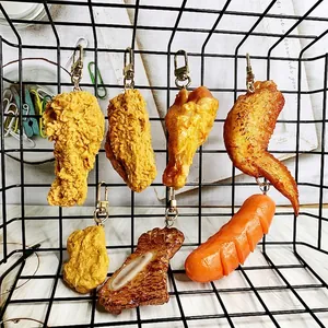 Realistic fried chicken leg and snack food keychain pendant with golden metal clasp
