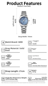 Dettagli tecnici orologio GEDI in acciaio con quadrante 27mm e dimensioni del quarzo