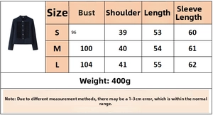 Detailed size chart for women's single-breasted jacket with fringe trim and measurements