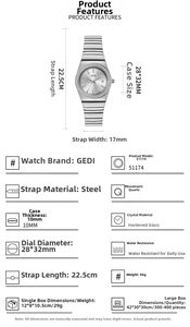 Detailed technical diagram of silver quartz watch with diamond bezel and bamboo steel strap