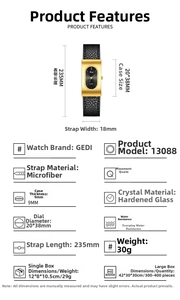 Détails d'une montre à quartz ovale avec boîtier doré, cadran noir et bracelet en cuir