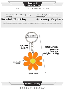 Detail view of daisy keychain showing 45mm zinc alloy flower pendant with dimensions