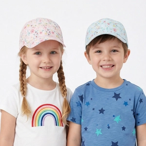 Detailed close-up of girls' floral baseball caps in pink and light blue cotton fabric