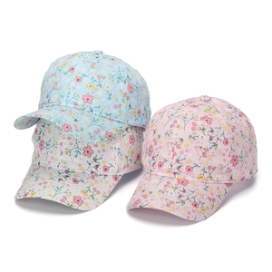 Floral print kids baseball caps in pink flower and red cherry patterns with curved brim