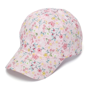 Close-up of pink floral print baseball cap featuring high-quality cotton fabric and stitching