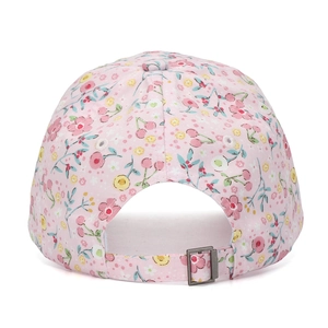 Rear view of pink floral baseball cap showing cherry prints and adjustable metal buckle
