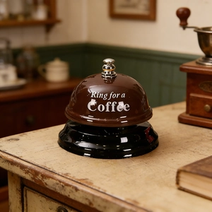 Close-up of metal coffee service bell with 'Ring for a Coffee' text on vintage wood desk