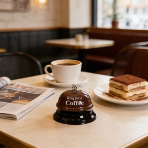 Manual call bell for coffee shops with Ring for a Coffee text on brown metal cover