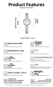 Detailed specs for GEDI 14019 quartz watch featuring 26mm dial and silver chain strap