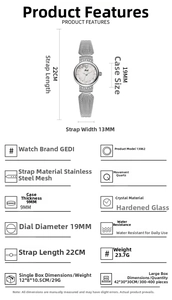 Tableau des tailles détaillé et caractéristiques de la montre quartz à bracelet maille