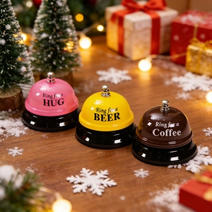 Three creative metal service bells with fun slogans for hug, beer, and coffee gift