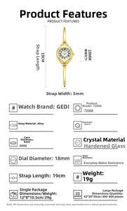 Detailed technical specifications and dimensions for this gold quartz bracelet watch