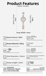 Spécifications de la montre à quartz tournesol or rose avec bracelet en alliage zircon