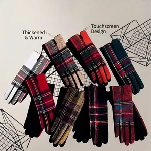 Plaid woolen winter gloves for women featuring touch screen design and thick warm lining