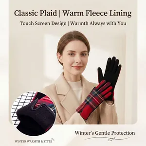 Women's red tartan plaid winter gloves with warm fleece lining and touchscreen fingertips
