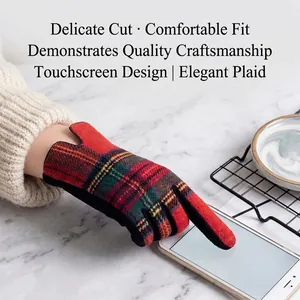 Red and green tartan wool gloves for women featuring touch screen compatible fingertips