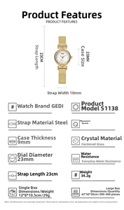 Technical specifications and size guide for women's quartz watch with gold mesh band