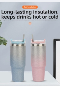 Detail view of 20oz and 30oz glitter gradient insulated tumblers with lids and straws