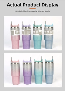 Detail of 40oz stainless steel tumblers with glitter gradient in pink, purple, and blue colors