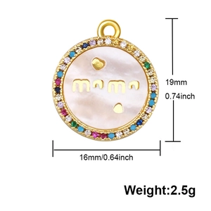 Gold-plated round mother-of-pearl mama charm with colorful zircons and size markings