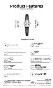 Fiche technique montrant le boîtier ovale argenté de 21 mm et le bracelet en cuir