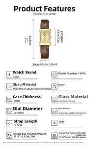 Detailed view of square gold watch face with precise size dimensions and leather strap