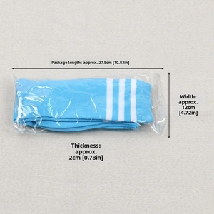 Detail view showing dimensions of packaged light blue knee high socks with white stripes