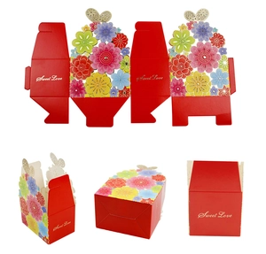 Detailed view of red hollow flower favor box with butterfly decor and Sweet Love print