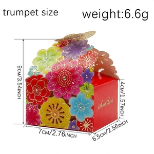 Red floral wedding candy box with laser-cut hollow flowers and golden Sweet Love text