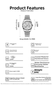 Spécifications détaillées pour une montre à quartz de luxe avec taille et matériau en acier