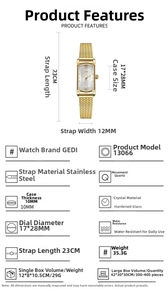 Detailed spec sheet showing a gold square quartz watch with dimensions and features