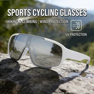 White sports cycling sunglasses with silver mirror lenses on rock background for outdoor use