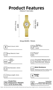 Spécifications détaillées d'une petite montre à quartz dorée avec boîtier gravé