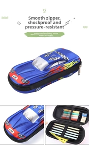 Detail of 3D car pencil case showing smooth zipper and organized internal storage mesh