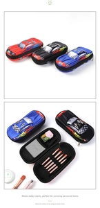 Internal view of the 3D car pencil case showing mesh pocket and pen slots for storage