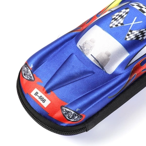 3D racing car pencil case for kids featuring blue EVA material and red flame patterns