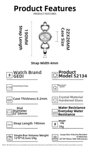 Detailed spec sheet showing the silver oval watch dimensions and quartz movement features