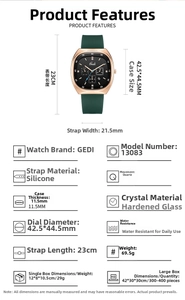Vue détaillée du boîtier ovale en or rose et bracelet en silicone vert avec dimensions