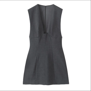 Deep grey sleeveless V-neck mini dress with textured fabric and slim waist stitching