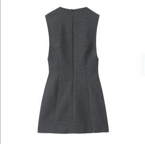 Detail view of charcoal grey sleeveless A-line dress featuring a hidden back zipper closure