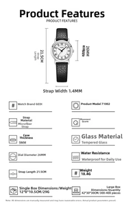 Detail view of GEDI quartz watch with dimensions, black litchi leather strap and silver case
