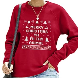 Red Merry Christmas sweatshirt with festive reindeer print and long sleeves for women