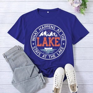 Flat lay of royal blue Lake print t-shirt paired with denim jeans and white sneakers