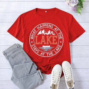Close-up of What Happens at the Lake print on red cotton t-shirt with neckline label