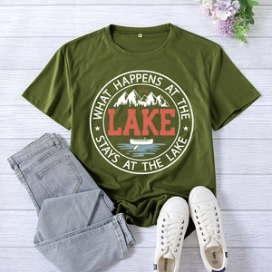 Macro shot of What Happens at the Lake print on military green cotton T-shirt fabric