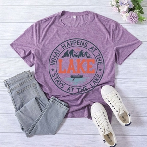 Flat lay of purple cotton blend lake graphic tee with mountains and rowing boat print