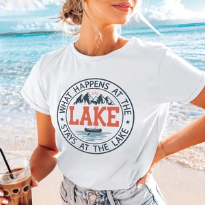 Women Lake Graphic T-Shirt Cotton Blend Round Neck Short Sleeve Loose Casual Outdoor Vintage Print Top